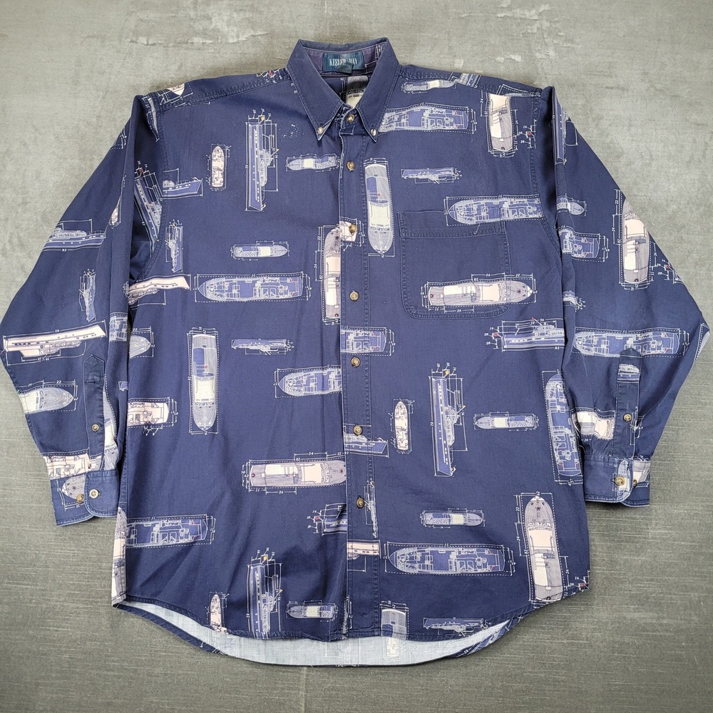 Keeler Bay‎ Boat Blueprint Print Button Down Long Sleeve Shirt Mens Nautical